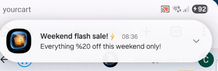 Push notification on a customer's phone: Weekend flash sale! Everything 20% off this weekend only